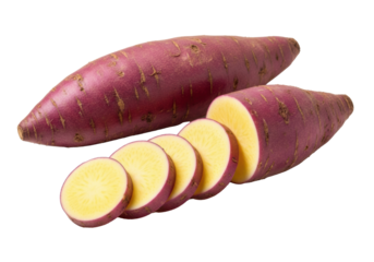 Close-up of whole and sliced purple yams on transparent, soft studio light, subtle shadows, vibrant yellow flesh, macro detail, emphasizing natural goodness concept of healthy food photography
