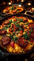 Traditional paella with chicken chorizo high resolution picture