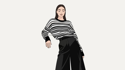 Stylish woman with a striped sweater and black pants, eyes closed, radiating effortless chic and modern fashion sense, perfect for lifestyle and fashion blogs