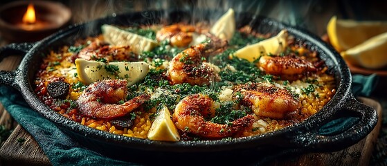Traditional spanish seafood paella dish high resolution picture