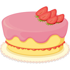 Round Layer Cake With Pink Frosting Topped With Sliced Strawberries And Green Leaves On White Lacy Doily Isolated On White Background