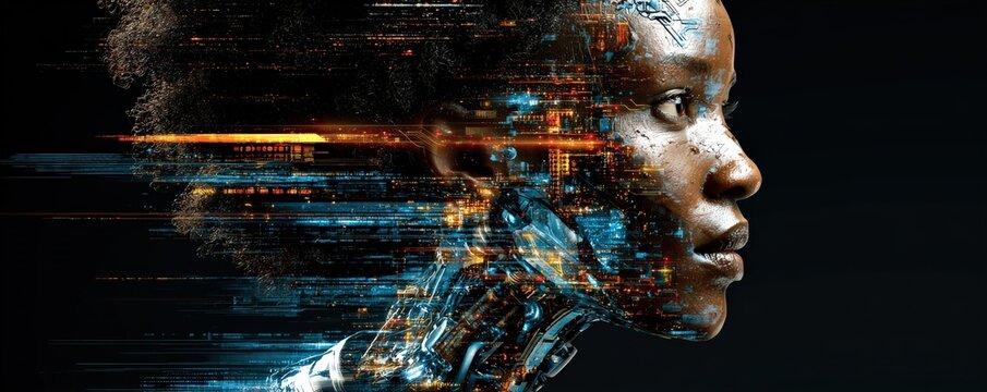 A futuristic portrait blending human and robotic elements, showcasing a profile with digital effects and vibrant cityscape imagery.