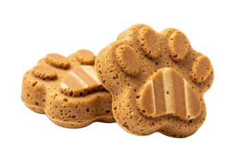Two textured, warm light brown paw-print dog chew treats, one overlapping, against a pure bright white background with ample copy space. Concept for pet food product marketing