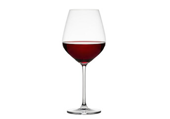 Crystal-clear elegant wine glass with a long slender stem and wide bowl, filled with deep ruby-red wine, on a transparent studio background with copy space, concept for luxury beverage advertising