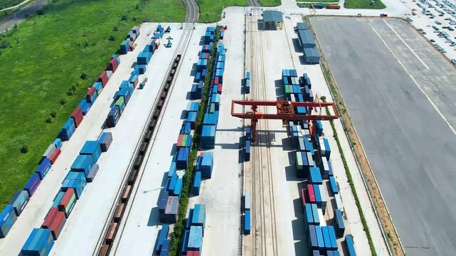 European Intermodal Railway Freight Yard with Container Trains Aerial View