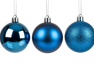 Three blue Christmas ornaments isolated on transparent background