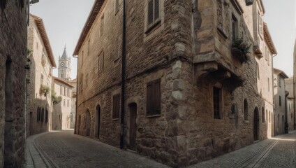 Fototapeta premium Ancient Stone Buildings Lining a Cobblestone Street in a European Town.