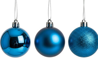Three blue Christmas ornaments isolated on transparent background