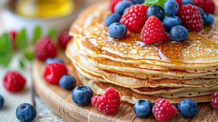 Delicious homemade pancakes stacked with fresh berries and golden syrup in a cozy kitchen ambiance
