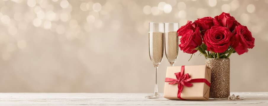 A romantic setting featuring red roses, champagne glasses, and a beautifully wrapped gift, perfect for celebrations or special occasions.