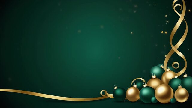 Green textured Christmas background with blank free space on the right, Christmas baubles, pine leaves, golden stars clustered on the left edge, clean and elegant composition