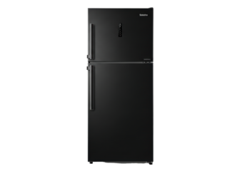 Modern matte black top-freezer refrigerator, elegant vertical handle, integrated control panel, isolated on transparent background, soft studio lighting, high-end product showcase