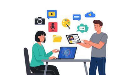 Creative team collaborating on digital marketing strategy with laptop and tablet, brainstorming ideas for social media content and online campaigns