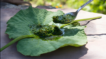 concoction. Crushed medicinal herbs mixed into a paste on a large leaf. menu design, packaging mockups, designed for culinary blogs and recipe cards for restaurants, simplifies recipe learning.