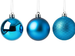 Three blue Christmas ornaments isolated on transparent background