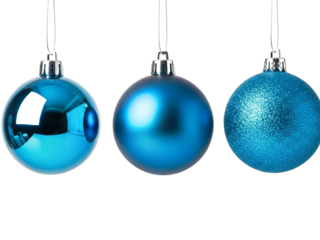 Three blue Christmas ornaments isolated on transparent background