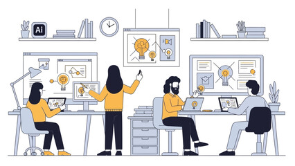 Creative team brainstorming innovative ideas in modern open office, digital designers collaborating, lightbulb concept, dynamic teamwork and professional vibe