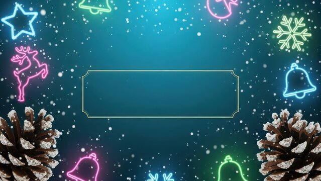 Vibrant blue christmas background with glowing neon holiday elements, falling snow, pinecones, and a central frame