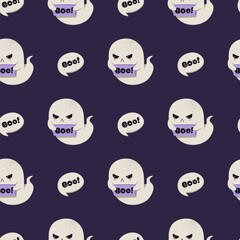 Cute Ghost Holding Boo Sign Seamless Pattern. Halloween Spooky Text Background for Textile, Party Decor, Gift Wrap, Scrapbooking and Festive Design
