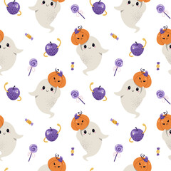 Cute Ghost with Pumpkin and Wormy Apple Seamless Pattern. Halloween Repeat Background for Textile, Gift Wrap, Scrapbooking, Party Decor and Festive Design.