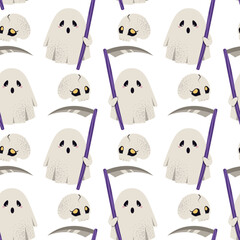 Cute Ghost with Scythe and Human Skull Seamless Pattern. Halloween Repeat Background for Textile, Gift Wrap, Party Decor, Scrapbooking and Festive Design