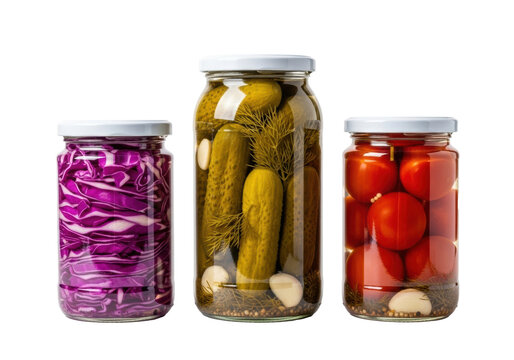 Three transparent glass jars of pickled purple cabbage, green gherkins with garlic and dill, and red cherry tomatoes on a transparent background, studio shot, wholesome homemade preserves concept