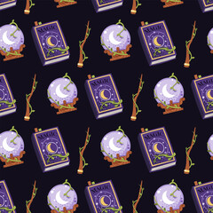 Mystic Witchcraft Seamless Pattern with Crystal Ball, Spellbook and Magic Wand. Enchanted Background for Occult Gift Wrap, Halloween Textile, Magic Wallpaper and Wizardry Design