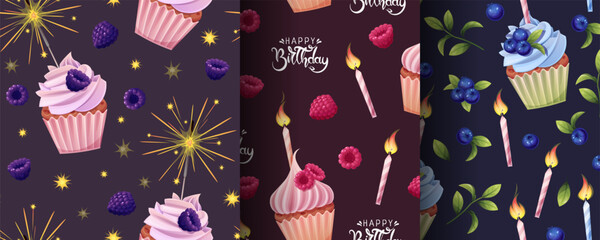 Birthday Cupcakes with Berries, Candles and Fireworks Seamless Pattern Set. Party Gift Wrap Collection for Birthday Decor, Textile Design, Scrapbooking and Festive Packaging