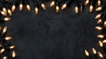 dark, textured background with warm, glowing string lights arranged along the edges, creating a cozy and festive atmosphere.