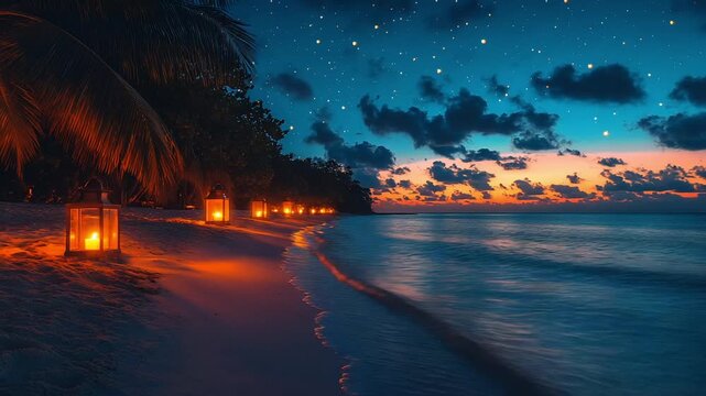 Lanterns light a tropical beach under starry sunset sky
