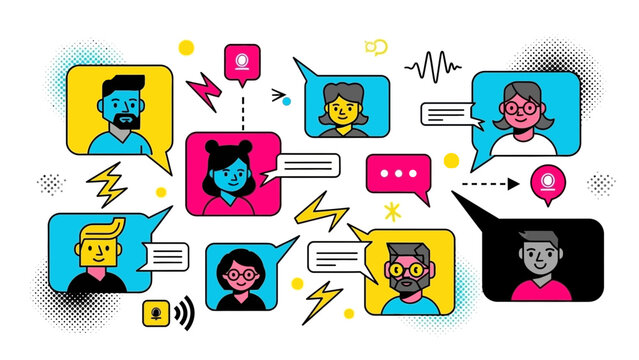 Vibrant team collaboration with lively online meeting, connecting diverse voices through virtual discussion, ideal for modern communication and teamwork promotion