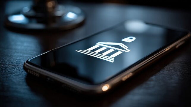 A smartphone displaying a bank icon and lock symbol, suggesting a focus on security and digital finance.
