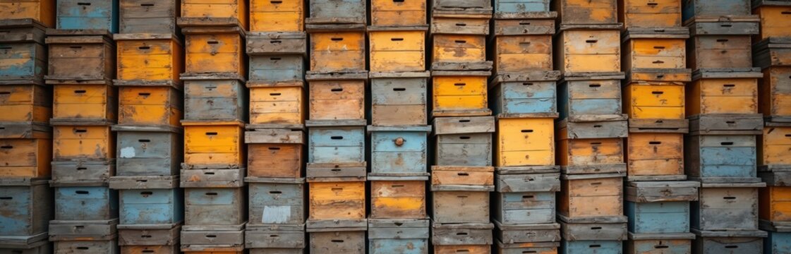 Stacked wooden beehives form a weathered wall. The boxes show color variations with yellow and blue hues. Texture of vintage apiary backdrop.