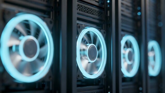Generative AI cooling system with blue illuminated fans