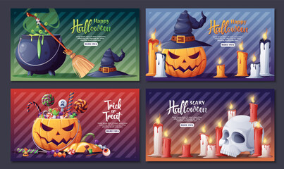 Spooky Halloween Banner Set with Jack-o-Lantern Pumpkin,Sweets, Skull with Candles and Witch Cauldron. Perfect for Website Headers, Social Media Ads and Halloween Promotions
