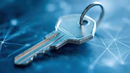 A close-up image of a metallic key on a blurred, futuristic blue background, emphasizing its design and texture.