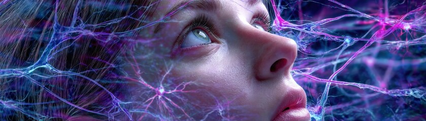 A surreal image of a girl gazing upwards, surrounded by intricate, vibrant neural connections and glowing patterns.