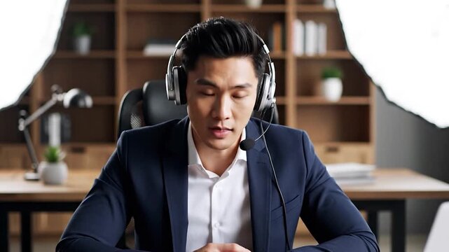 A man in a suit with a headset looks toward the camera in an office setting
