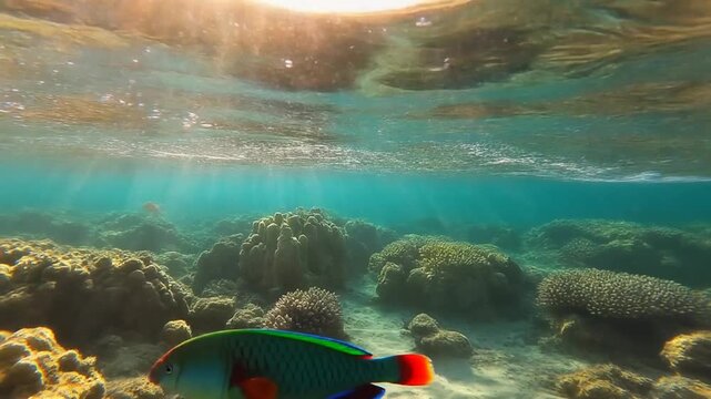 A colorful parrotfish swimming gracefully over a sunlit coral reef with beautiful light rays shining through the clear turquoise water