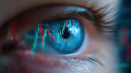 A close-up of a human eye reflecting stock market graphs, symbolizing insight and focus in finance and investment.