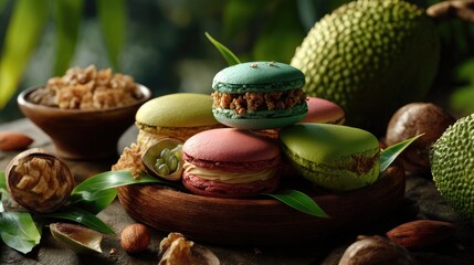 Colorful Macarons on a Wooden Plate Surrounded by Nuts and Tropical Leaves in a Natural Setting