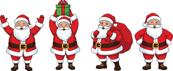 Four Cheerful Santa Claus Character Poses, Merry Christmas Holiday Set, Cartoon Saint Nicholas Holding Gift and Sack, Festive Winter Season Vector Illustration