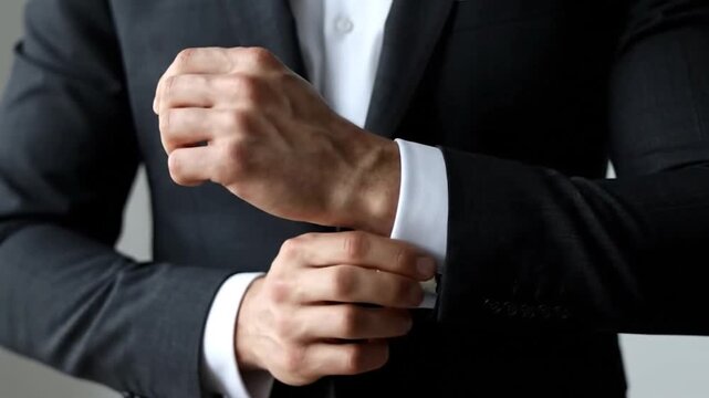A person in a black suit adjusting cufflinks on a white dress shirt. Focus is on hands and sleeves