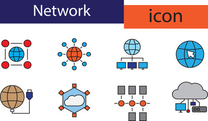 Colorful network web icon set line art vector design. connection, communication, technology, internet and more icon design