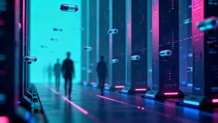 Generative AI data corridor with holographic pills and silhouettes.