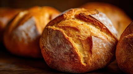 Freshly baked bread rolls with a golden crust, showcasing a rustic texture and inviting aroma, arranged closely together on a wooden surface.