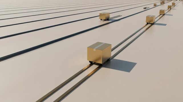 Cardboard packages move along parallel conveyor tracks in a bright industrial setting