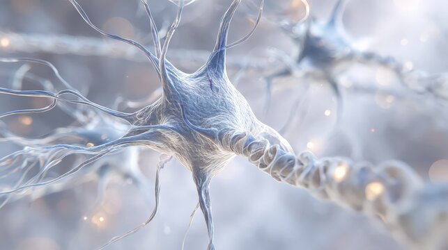 A close-up view of neurons showcasing their intricate structure and connections, set against a blurred background with subtle lighting.