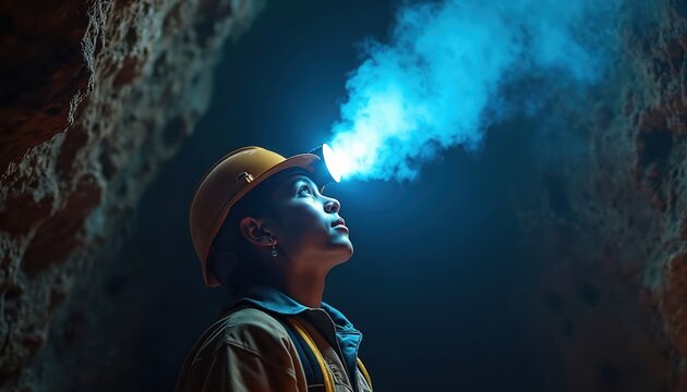 Miner explores dark cave wearing yellow hardhat. Headlamp illuminates path ahead in underground tunnel. Woman looks up, focused on cave geological features. Work in challenging conditions, nature - Powered by Adobe