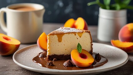 Homemade slice of chocolate cake with peach and coffee, a tasty, sweet dessert on a white plate